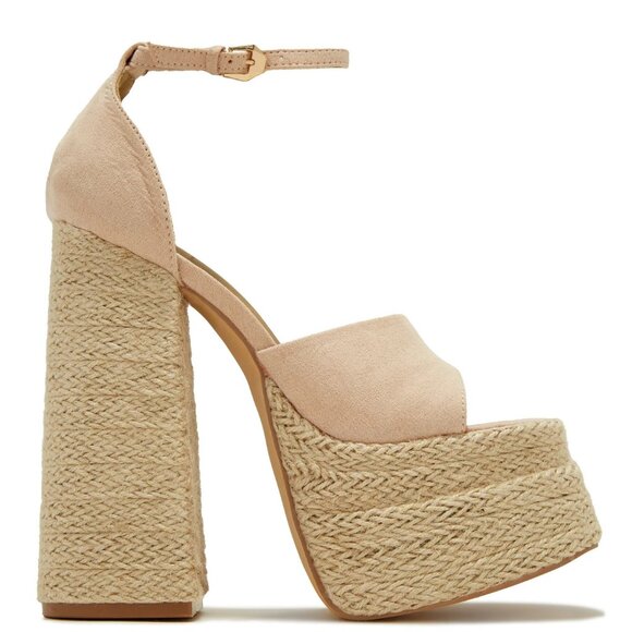 NEW🔥 Natural Nude Ankle Strap Raffia Espadrille Sandal Platform Block High Heel - Picture 3 of 5
